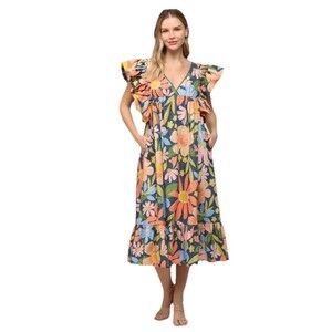 Fate Floral Midi Dress Size M Fluttering Ruffle‎